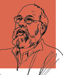 Line art of Professor Michael Graetz on a red background